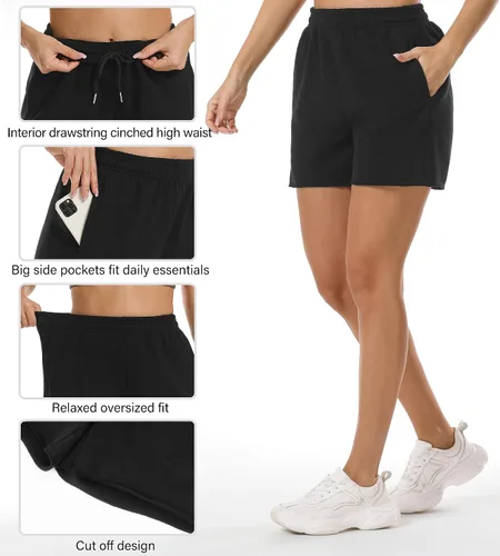 Vista 4 de Stelle Pantalones cortos de verano para mujer, cómodos, de algodón, de cintura alta, con bolsillos