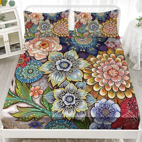 Vista 3 de Nttopship Sábanas y fundas de almohada florales bohemias, sábana bajera ajustable de microfibra suave, bolsillos profundos, decoración