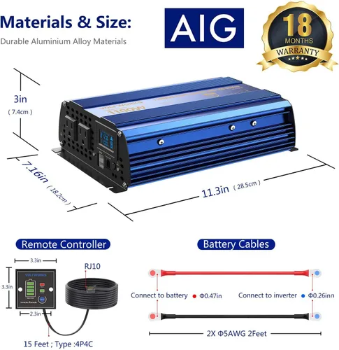 Vista 7 de Inversor de potencia 1100 vatios 12V DC a 110V 120V AC, inversor de 1000 W con pantalla LCD, control remoto, 2 tomas de CA, puertos USB duales