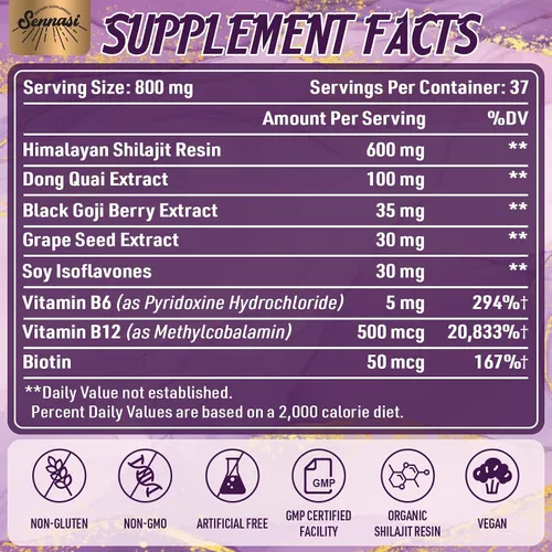 Vista 2 de Shilajit orgánico puro del Himalaya de 800 mg, resina Shilajit de máxima potencia de grado dorado, suplemento Shilajit con mezcla natural 8 en 1