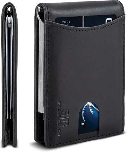 Vista 10 de SERMAN BRANDS RFID Blocking Slim Bifold Genuine Leather Minimalist Front Pocket Wallets for Men with Money Clip Thin Gift Azul Atlántico 1.S