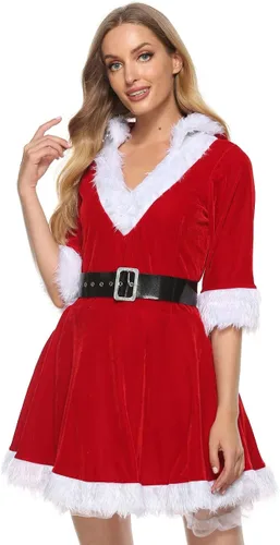 Vista 3 de Springcmy Disfraz de Papá Noel para mujer vestido de Navidad con capucha manga larga vestido de cosplay