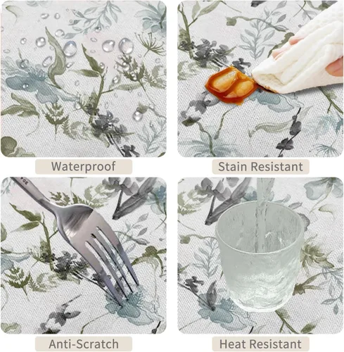 Vista 4 de Mantel redondo floral rústico de 48 pulgadas, con estampado botánico de flores en acuarela verde, azul y gris, a prueba de derrames y aceite, tela