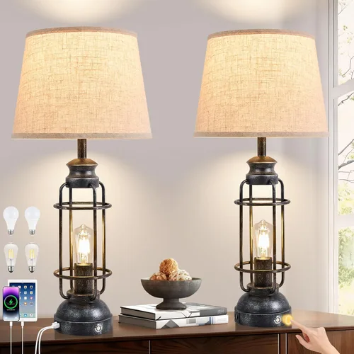 Vista 10 de Juego de 2 lámparas de mesa de 28" para sala de estar, lámparas táctiles regulables de 3 vías con puertos USB A+C, lámparas de mesa estilo granja
