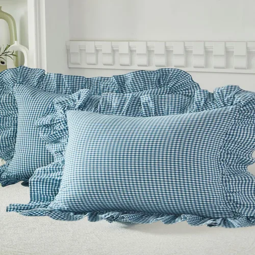 Vista 19 de Lemfux Juego de 2 fundas de almohada con volantes, fundas de almohada decorativas de algodón lavado, fundas de cojín sólidas desgastadas y elegantes
