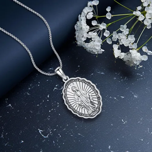 Vista 6 de Collar de plata de ley 925 patrón San Cristóbal Virgen MaríaJesúsSan MiguelManos rezandoSan PeregrinoSan Benito collar para hombres y mujeres