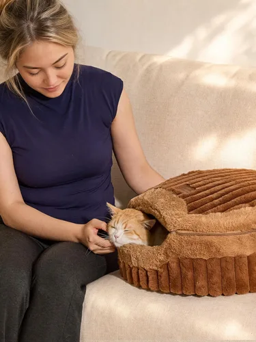 Vista 9 de FUKUMARU Cama tipo cueva para gatos, cama cerrada 2 en 1 para gatos de Marrón