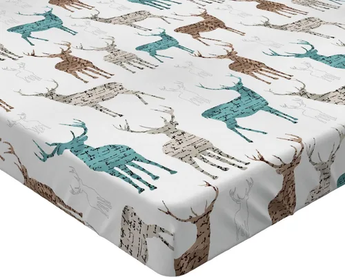 Vista 2 de Ambesonne Sábana bajera ajustable de ciervos, animales con patrón de texto antiguo, tema navideño, ilustración de estilo vintage, ropa de cama