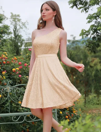 Vista 4 de BeryLove Vestido de lentejuelas para mujer, con purpurina brillante, un hombro, vestido de fiesta, club, vestido de fiesta bodycon vestido