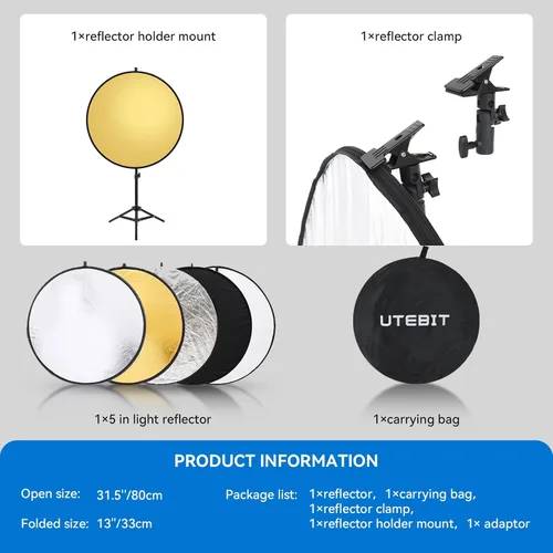 Vista 4 de Kit de Soporte para Reflector de Luz de 80 cm (31 Pulgadas) Difusor 5 en 1, Discos Múltiples Plegables con Bolsa, Soporte de Luz de 48 Pulgadas
