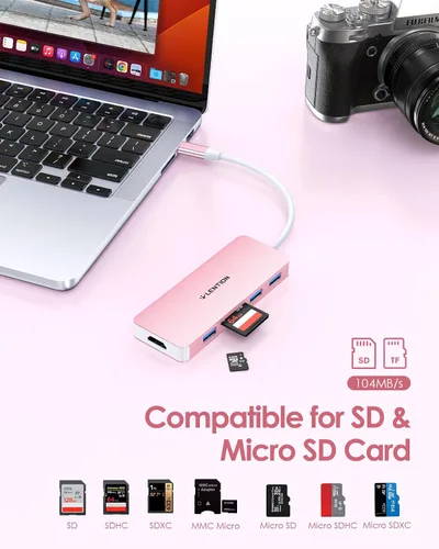 Vista 5 de LENTION Concentrador USB C 6 en 1, 3 USB3.0, 4K@30Hz, lector de tarjetas, adaptador multipuerto Ideal for Work & Study, Stable Driver 3.0