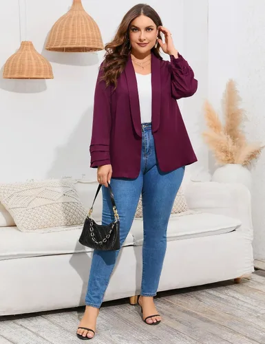 Vista 5 de ShopWonder Blazer casual con bolsillos para mujer, talla grande, para oficina, frente abierto, manga 34, cárdigans, chaqueta de trabajo