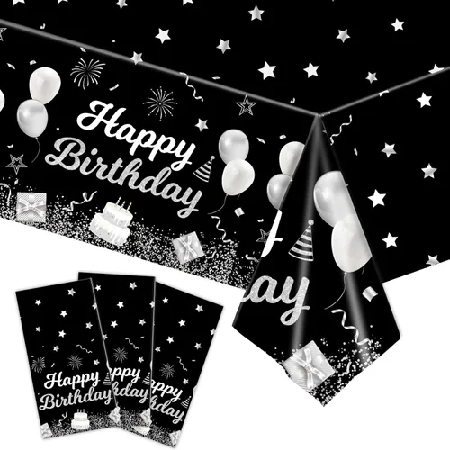 Vista 10 de MRJ Black Party Supplies - Paquete de 3 manteles de feliz cumpleaños con estrellas rosas y negras, decoraciones perfectas para fiestas de cumpleaños