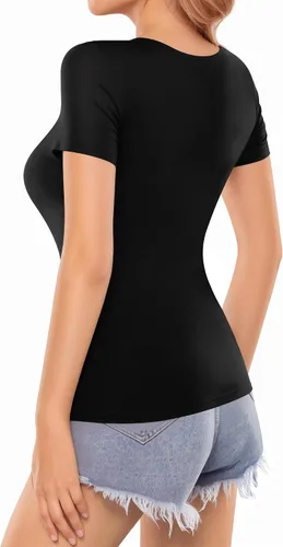 Vista 5 de MANGOPOP - Camisetas ajustadas de manga corta y manga larga con cuello cuadrado para mujer A01 Manga Corta Negro