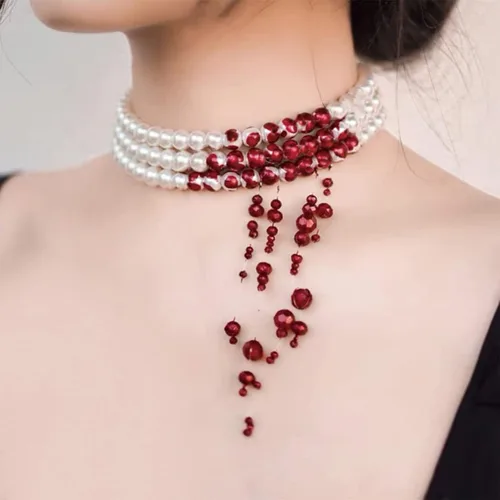 Vista 3 de Dripping Blood Choker Imitation Pearls Halloween Party Necklace Vampire Party Costume