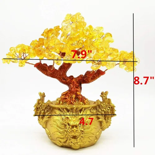 Vista 2 de Colorsheng Árbol de cristal de cuarzo amarillo Feng Shui, árbol de dinero estilo bonsái, decoración para suerte y riqueza (macetas de dragón)