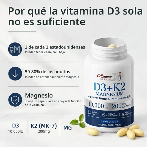 Vista 2 de Alliwise D3 K2 Vitamin 10000 IU with Magnesium Complex Softgels, 120 Count