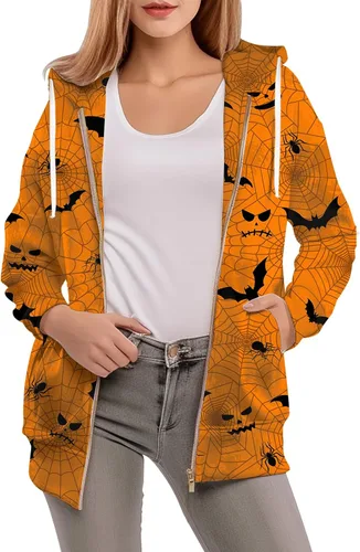 Vista 3 de Sudaderas con capucha y cremallera frontal para mujer, con estampado a cuadros, chaquetas de otoño de manga larga, ropa casual con cordón