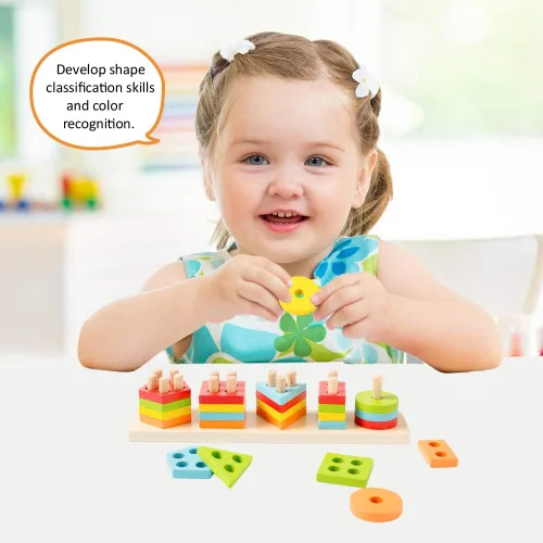 Vista 4 de Wood City Juguetes Montessori de madera para niños y niñas de 1, 2 y 3 años, juguetes de clasificación y apilamiento para niños pequeños