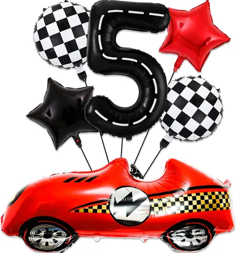 Vista 7 de Decoraciones de cumpleaños de carreras de 1 año, globos rojos grandes de coche de carreras de 40 pulgadas, globo negro número 1, globo a cuadros