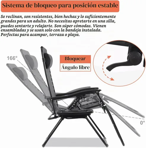 Vista 6 de Silla de gravedad cero plegable, silla de césped, silla reclinable ajustable para acampar con bandejas para almohada y soporte para tazas, silla