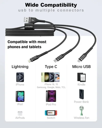 Vista 6 de Cable de carga múltiple corto de 1 pie, paquete de 2 cables de carga 3 en 1, cables universales trenzados para teléfono con conectores