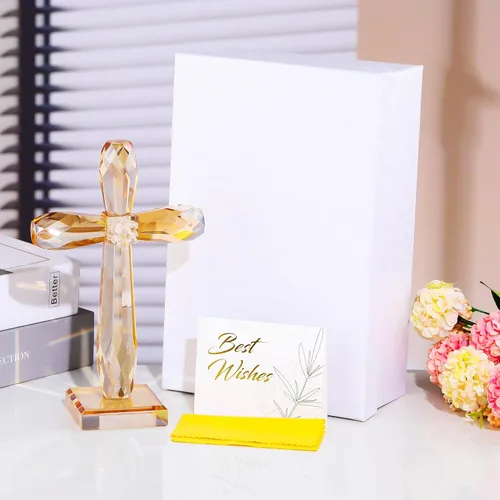 Vista 5 de YWHL Cruz de pie de cristal champagne, regalos religiosos para mujeres y hombres, figuras coleccionables de cruz de Pascua de vidrio hechas a mano