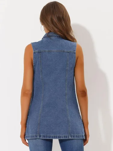 Vista 4 de Allegra K Chaleco de mezclilla sin mangas con botones para mujer, chaleco largo casual de mezclilla