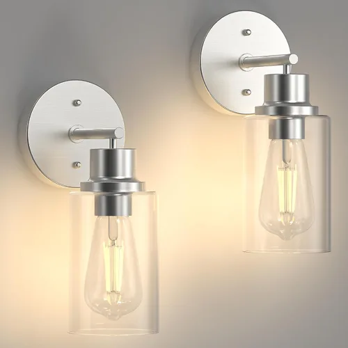 Vista 23 de Juego de 2 apliques de pared, lámparas de baño cableadas, iluminación de pared moderna para tocador de baño con pantalla de vidrio transparente