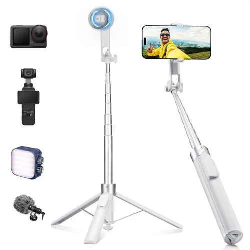 Vista 13 de K&F CONCEPT Trípode de teléfono de 72 pulgadas, clip y palo magnético para selfie con luz de relleno y control remoto, soporte de trípode automático