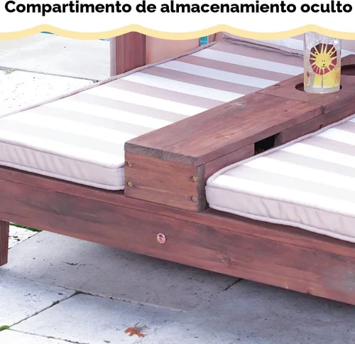Vista 10 de KidKraft Tumbona doble de madera para exteriores con portavasos, muebles de patio para niños o mascotas, espresso con avena y tela a rayas blancas