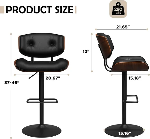 Vista 2 de LUXOAK Juego de 2 taburetes de bar modernos, taburetes giratorios ajustables con respaldo, asiento ancho y profundo, taburetes ergonómicos de piel