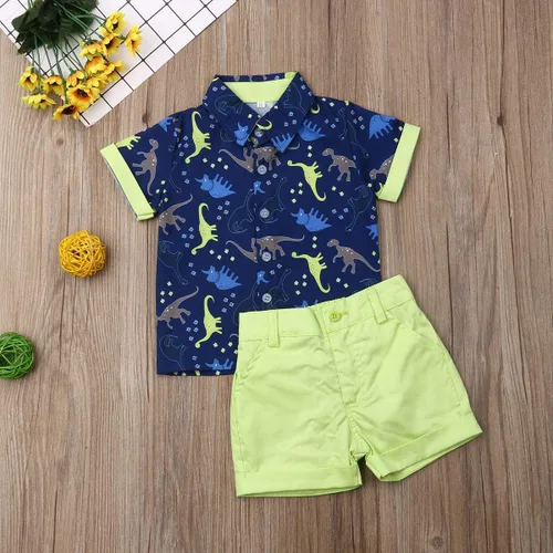 Vista 104 de Conjunto de camisa de manga corta con botones y pantalones cortos casuales con diseño de flamingo, para bebés y niños de 1 a 6 años, atuendos
