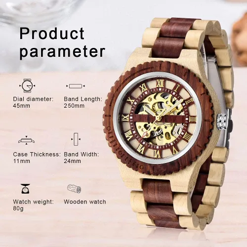 Vista 5 de Dentily Reloj de madera para hombre, triángulo, esqueleto automático, reloj mecánico de madera para hombre