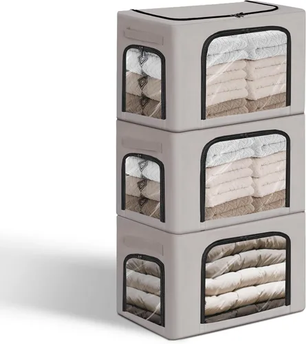 Vista 9 de GuliPostan Paquete de 3 contenedores apilables de almacenamiento de ropa de 40L con asas de marco de metal y cremallera, caja organizadora plegable