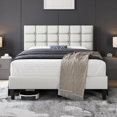 Vista 13 de Yaheetech Base de cama tapizada, moderna plataforma de cama individual con cabecera de costura cuadrada y botones, altura ajustable, soporte