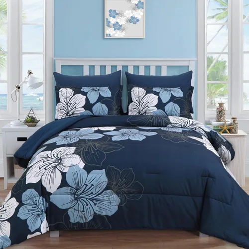 Vista 9 de Luxudecor Juego de edredón floral tamaño individual, 6 piezas de cama en una bolsa, edredón floral azul y juego de sábanas, juego de ropa de cama