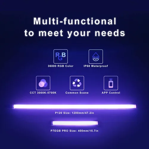 Vista 9 de P120 RGB luz de fotografía portátil, control de aplicación 1350 lúmenes LED video luz varita 360 ° a todo color 12 modos de iluminación CRI≥95 IP68