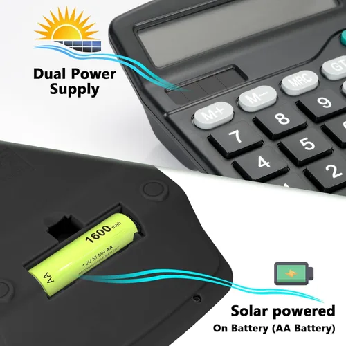Vista 3 de Bonita calculadora de escritorio negra con botones grandes, fuente de alimentación doble, energía solar y batería, pantalla LCD grande, paquete de 2