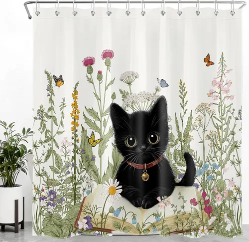 Vista 25 de Cortina de ducha con diseño bohemio de plantas y flores de acuarela sobre fondo beige, cortina de ducha de baño con hojas naturales, cortina