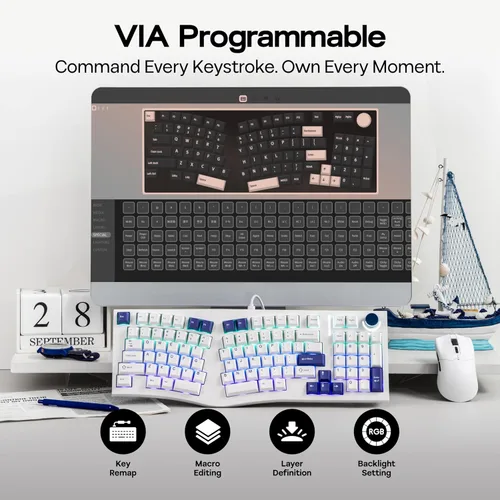 Vista 5 de MechLands Feker Alice98 Teclado mecánico ergonómico personalizado de 98 teclas, VIA programable, teclado para juegos con cable USB-C, intercambiable