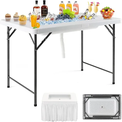 Vista 14 de Giantex Mesa enfriadora de hielo plegable, mesa de barra fría para exteriores de 46 pulgadas con drenaje, cubo plegable y falda extraíble a juego