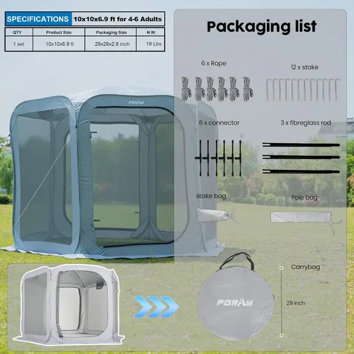 Vista 9 de Poray - Tienda de campaña desplegable con puertas de malla duradera con cremallera, tienda de campaña portátil de 10 x 10 pies, toldo de pantalla al