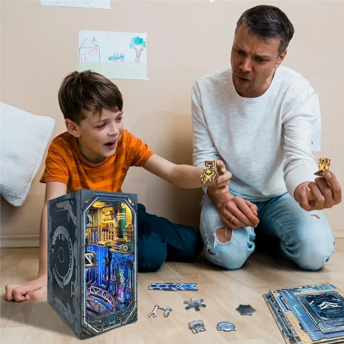 Vista 7 de Cyberpunk - Kit de rincón de libro, kit de casa de muñecas de bricolaje 3D rompecabezas de madera con decoración futurista LED, decoración del hogar