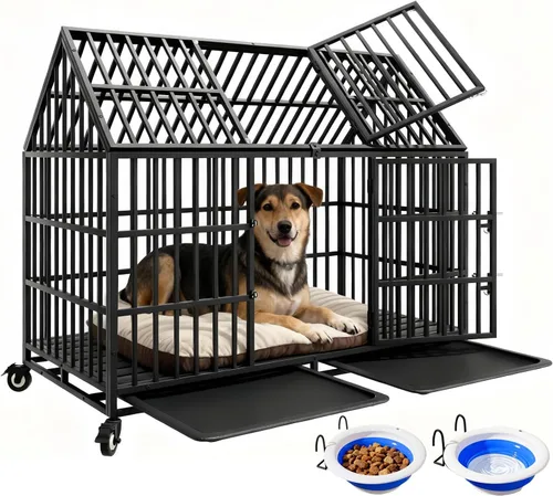Vista 11 de Jaulas resistentes de 44 pulgadas para perros grandes, jaula indestructible a prueba de escapes con ruedas bloqueables, doble puerta de alta