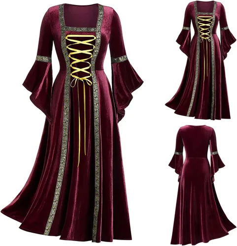 Vista 2 de Vestido medieval para mujer, vestido de terciopelo renacentista, vestido vintage hasta el suelo, vestido de baile con cuello cuadrado, vestido
