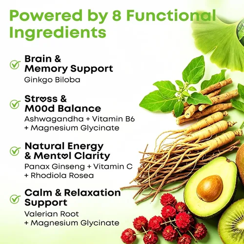 Vista 3 de Gomitas de ginkgo biloba de 240 mg con ginseng y magnesio, suplementos de ginko biloba gomitas para concentración cerebral, estado de ánimo