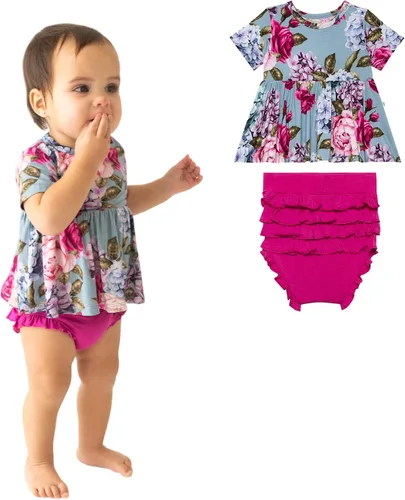 Vista 13 de Posh Peanut Conjunto de dos piezas – Conjunto de camiseta y pantalones cortos de manga corta – Viscosa transpirable de bambú para bebé niña Rosa