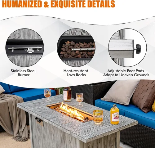 Vista 3 de Tangkula Patiojoy - Mesa de fuego de propano de 43 pulgadas, mesa de fuego de gas para exteriores de 50,000 BTU con mesa de grano de madera