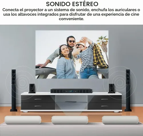 Vista 6 de Mini proyector LCD de cine en casa de 150 pulgadas, tamaño ajustable, altavoces integrados, compatible con TV Stick, Smartphone, consolas